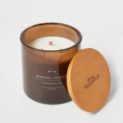 23oz XL 3-Wick Leather + Embers Wooden Amber Glass With Wood Lid And Stamped Logo Amber - Threshold™ -Home Improvement Store GUEST 4fbf95f2 2402 46bf 97f1 6933f738c12d